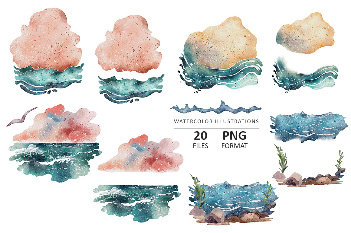 Sea Waves watercolor illustrations