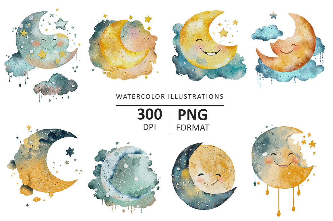 Sweet Dreams watercolor cute moons