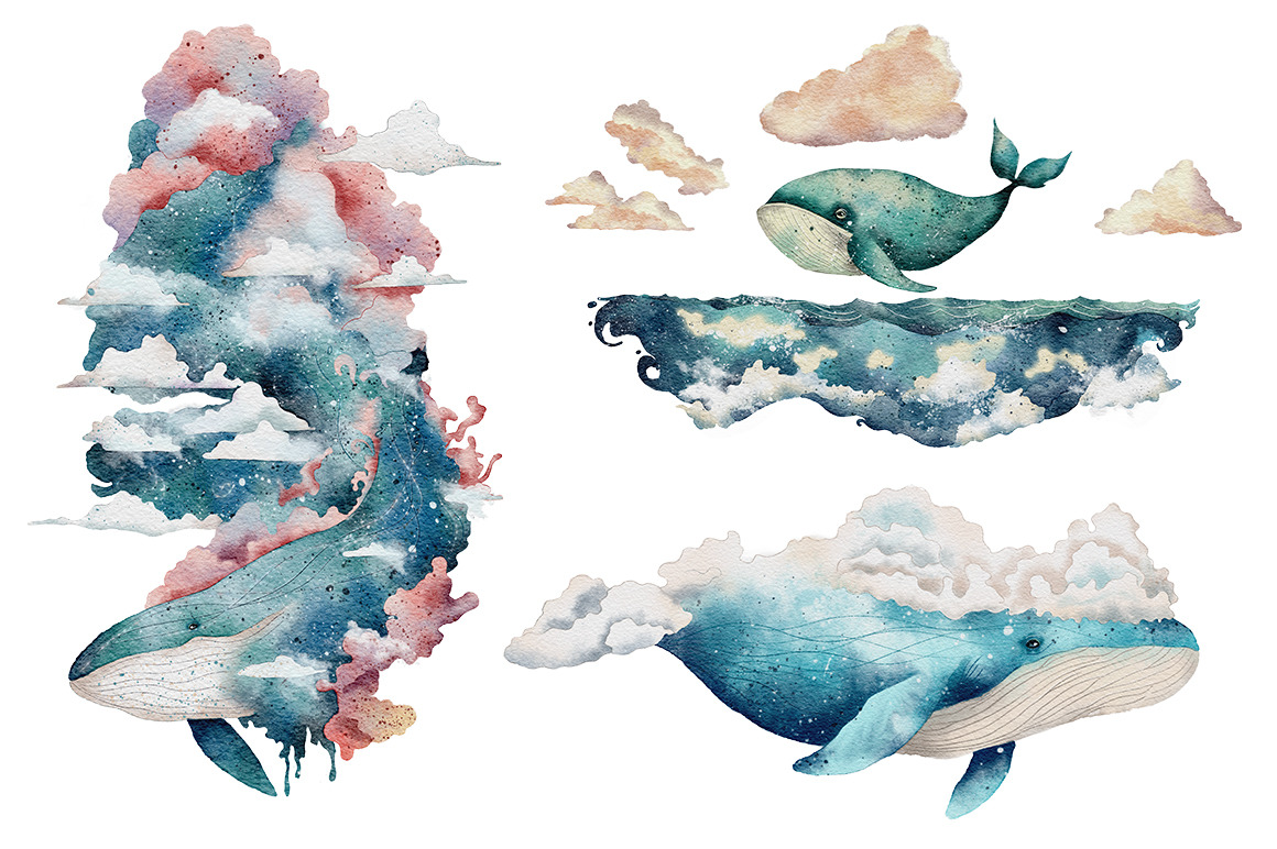 Whales in the Clouds watercolor