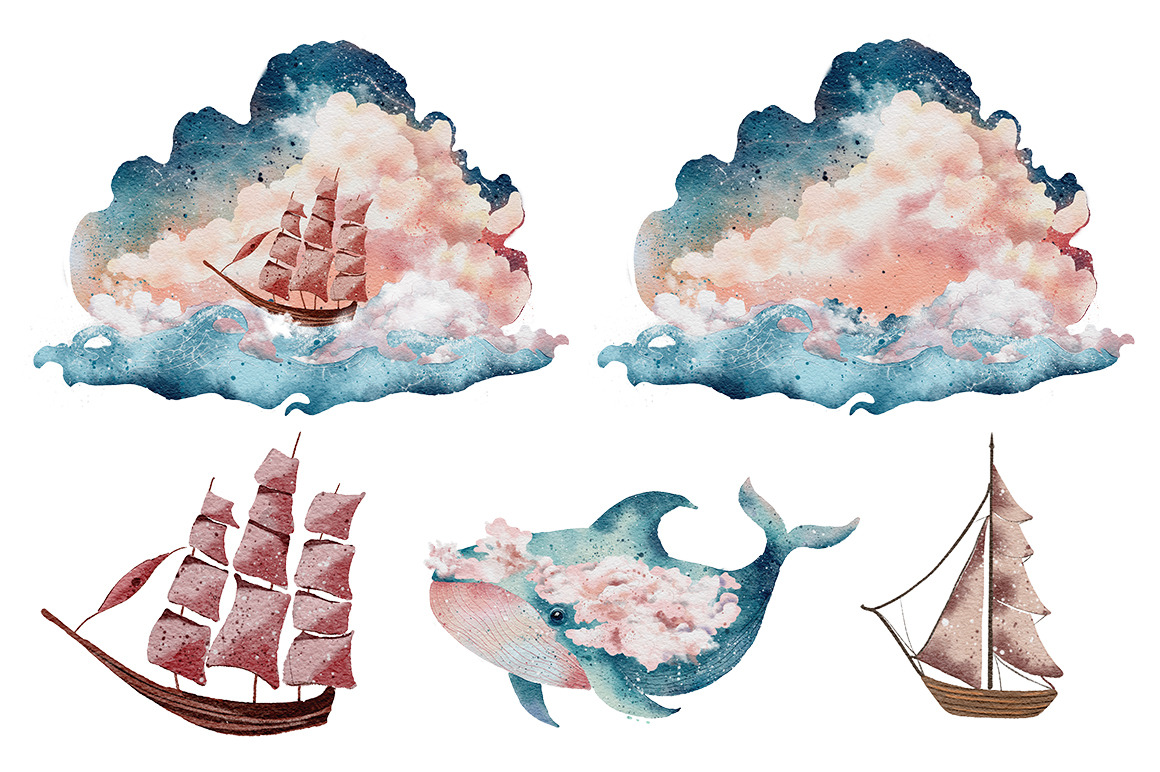 Whales in the Clouds watercolor