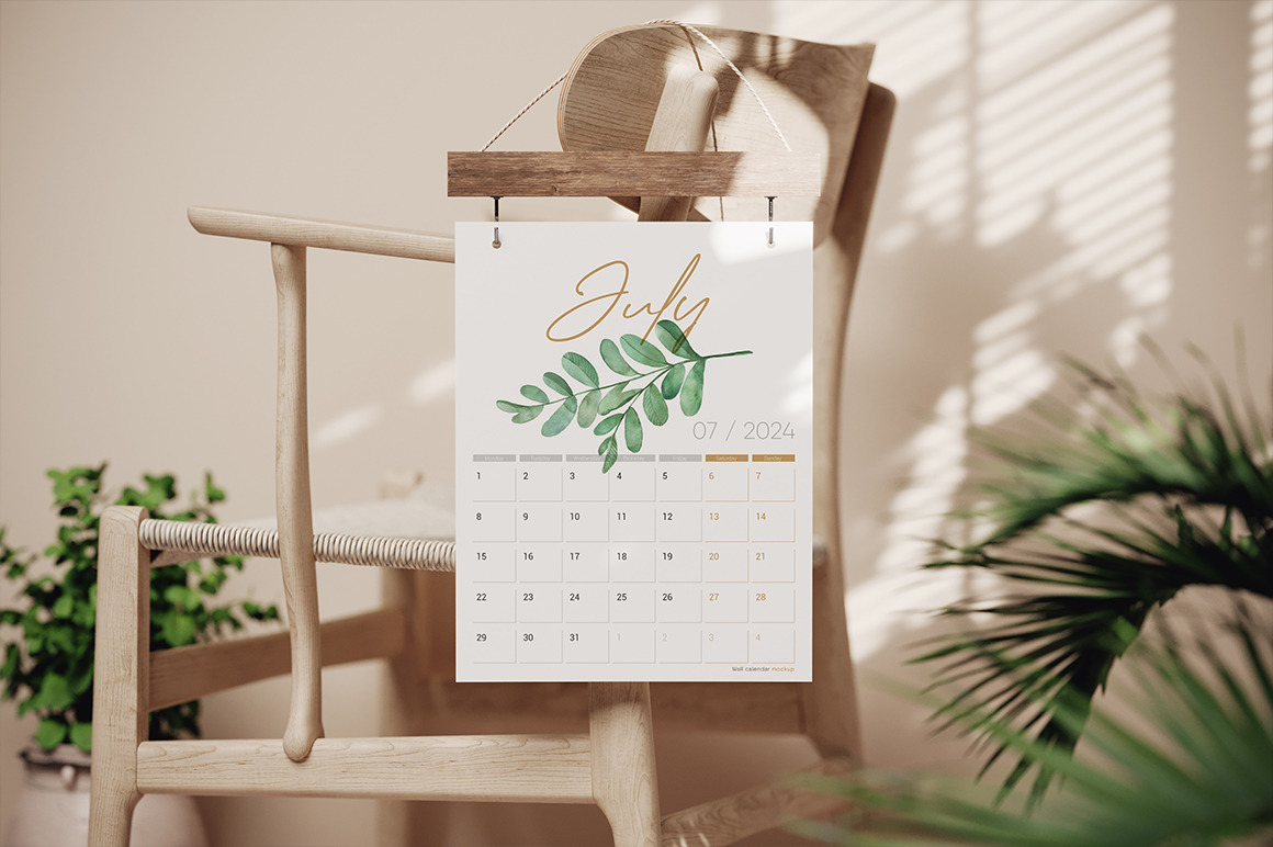 Calendar Poster on Wooden Hanger with Hooks Mockup