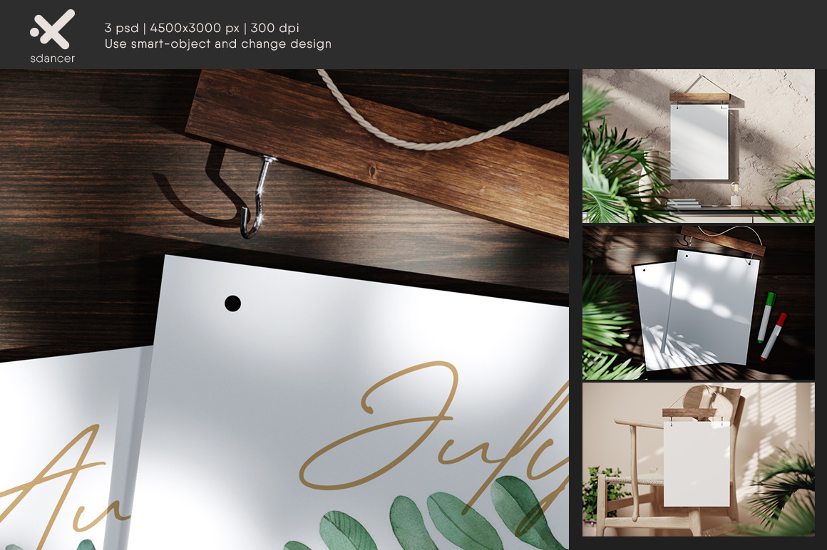 Calendar Poster on Wooden Hanger with Hooks Mockup Calendar Poster on Wooden Hanger with Hooks Mockup