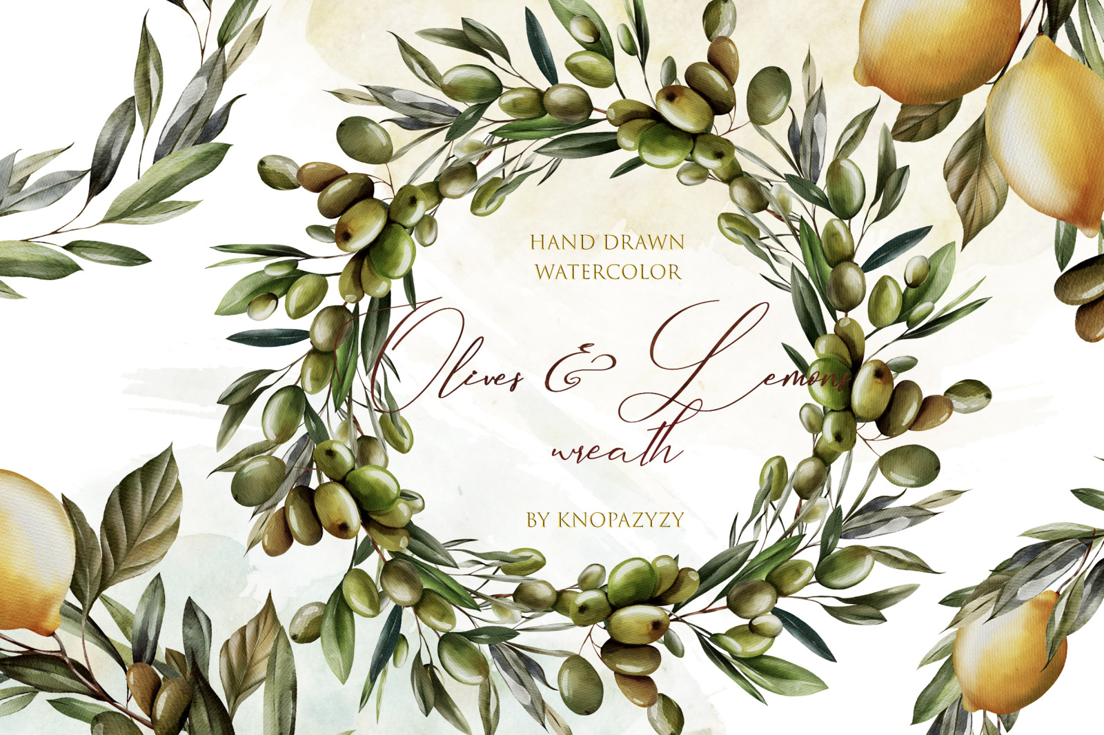 Watercolor Wreath Olives & Lemons Watercolor Wreath Olives & Lemons
