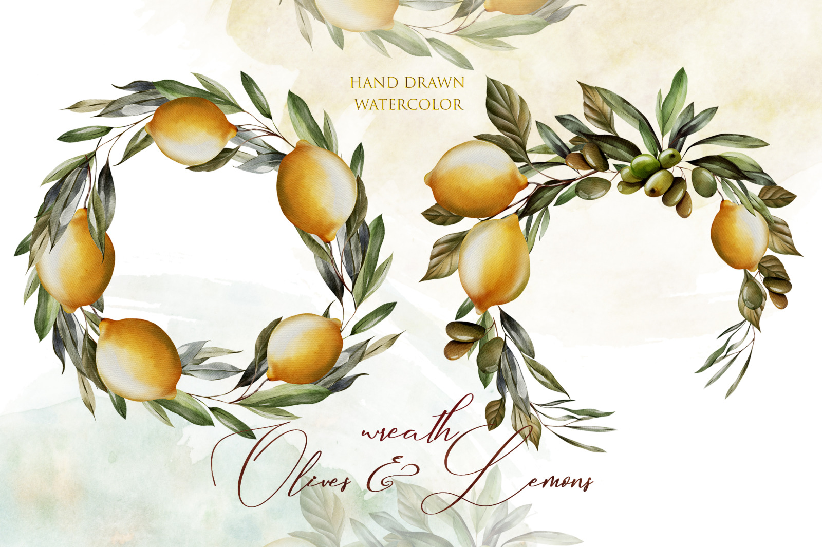 Watercolor Wreath Olives &amp; Lemons