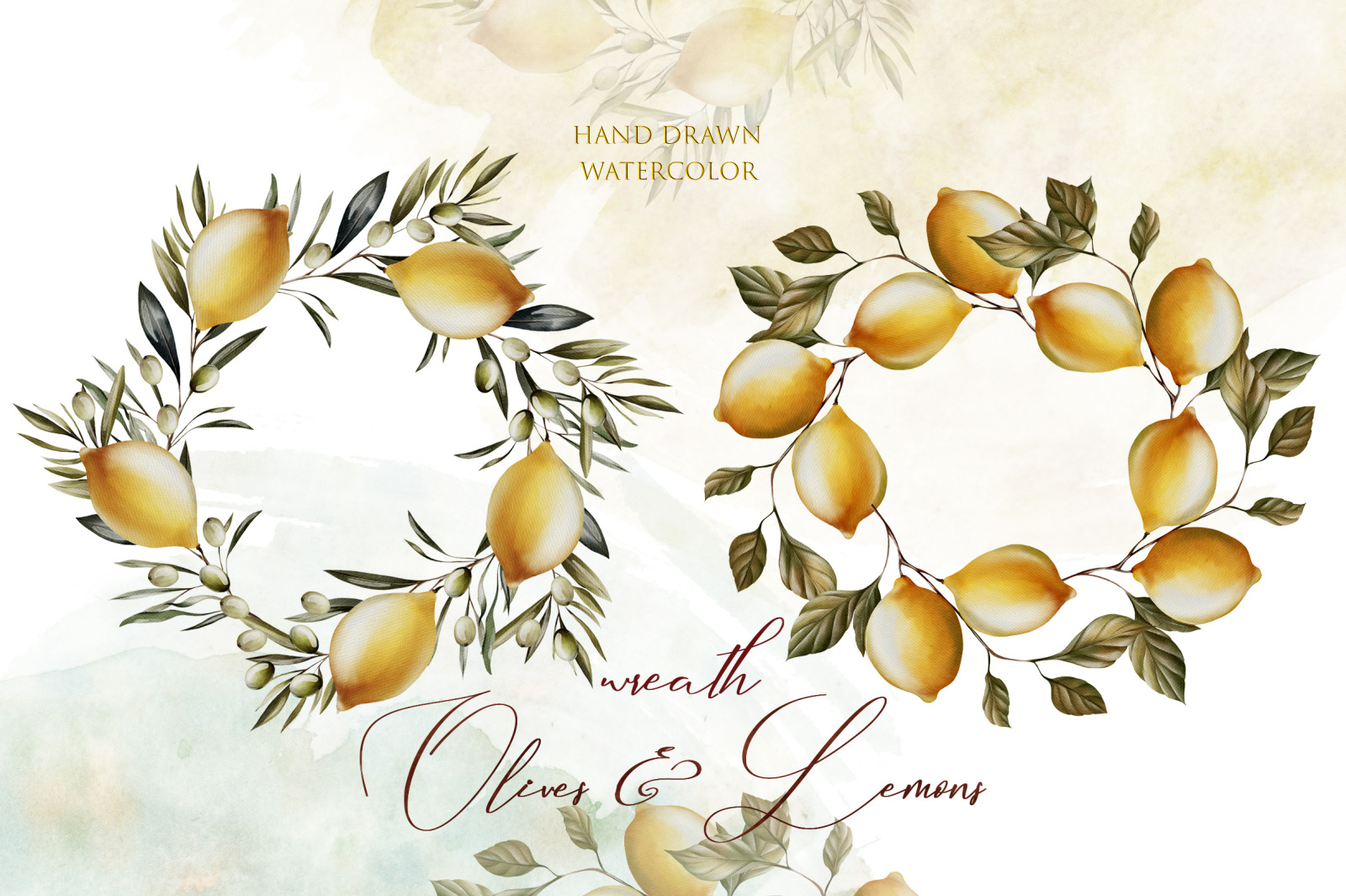 Watercolor Wreath Olives &amp; Lemons