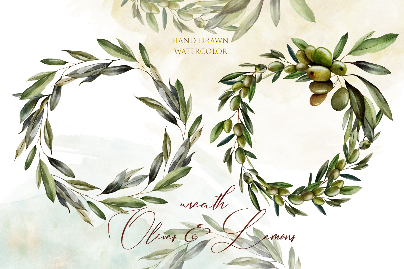 Watercolor Wreath Olives &amp; Lemons