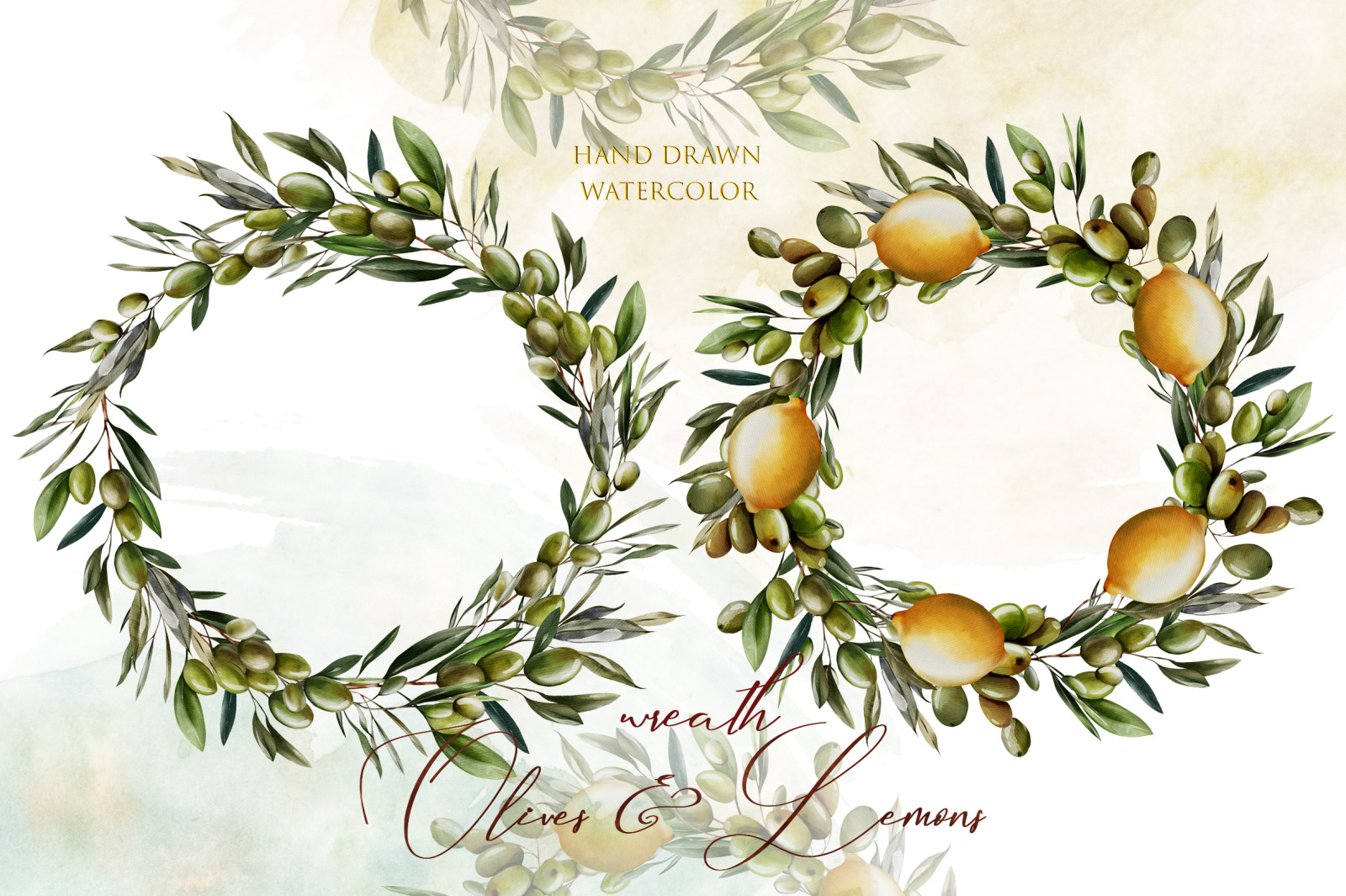 Watercolor Wreath Olives &amp; Lemons