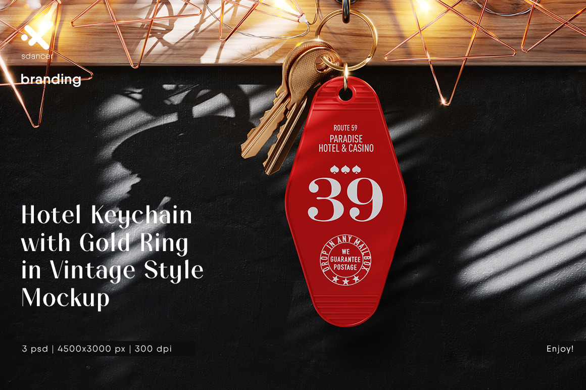 Hotel Keychain with Gold Ring in Vintage Style Mockup Hotel Keychain with Gold Ring in Vintage Style Mockup