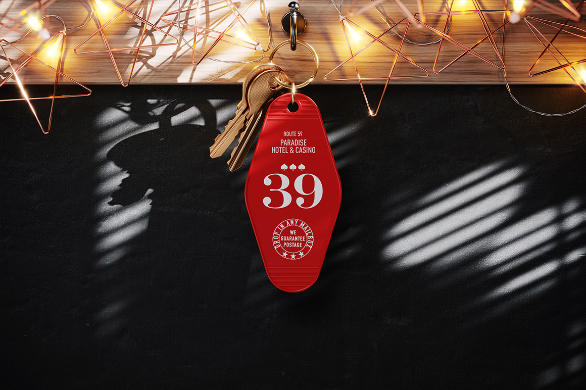 Hotel Keychain with Gold Ring in Vintage Style Mockup Hotel Keychain with Gold Ring in Vintage Style Mockup