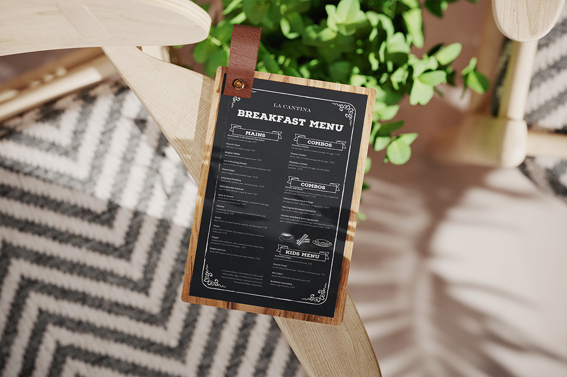 Wooden Menu Holder with Leather Loop Mockup