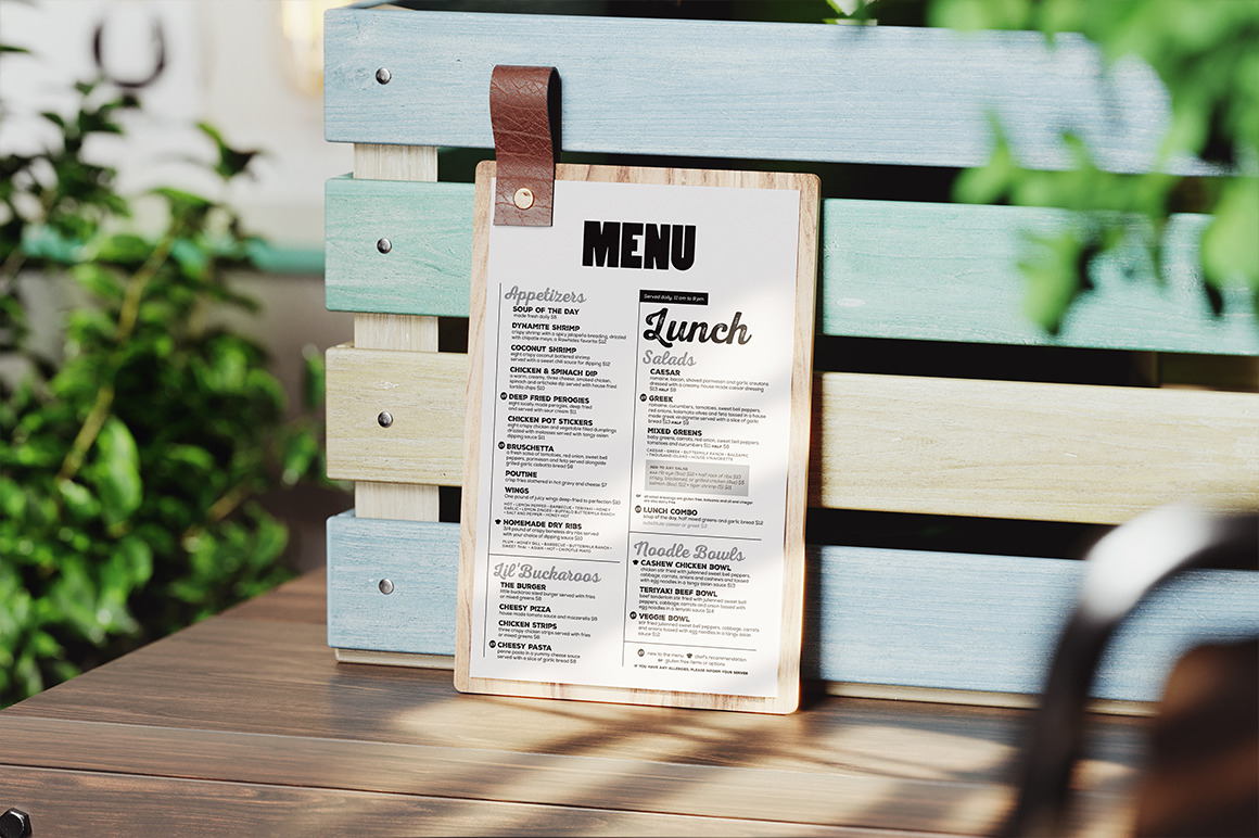 Wooden Menu Holder with Leather Loop Mockup