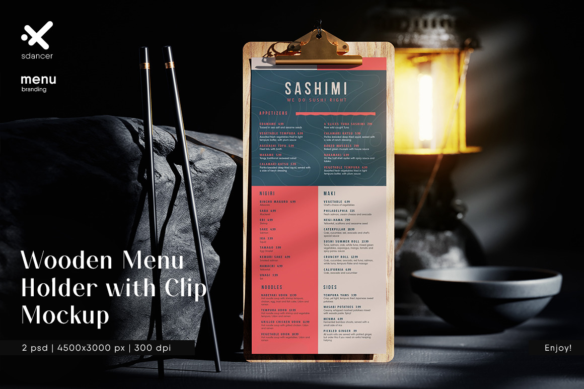 Wooden Menu Holder with Clip Mockup Wooden Menu Holder with Clip Mockup