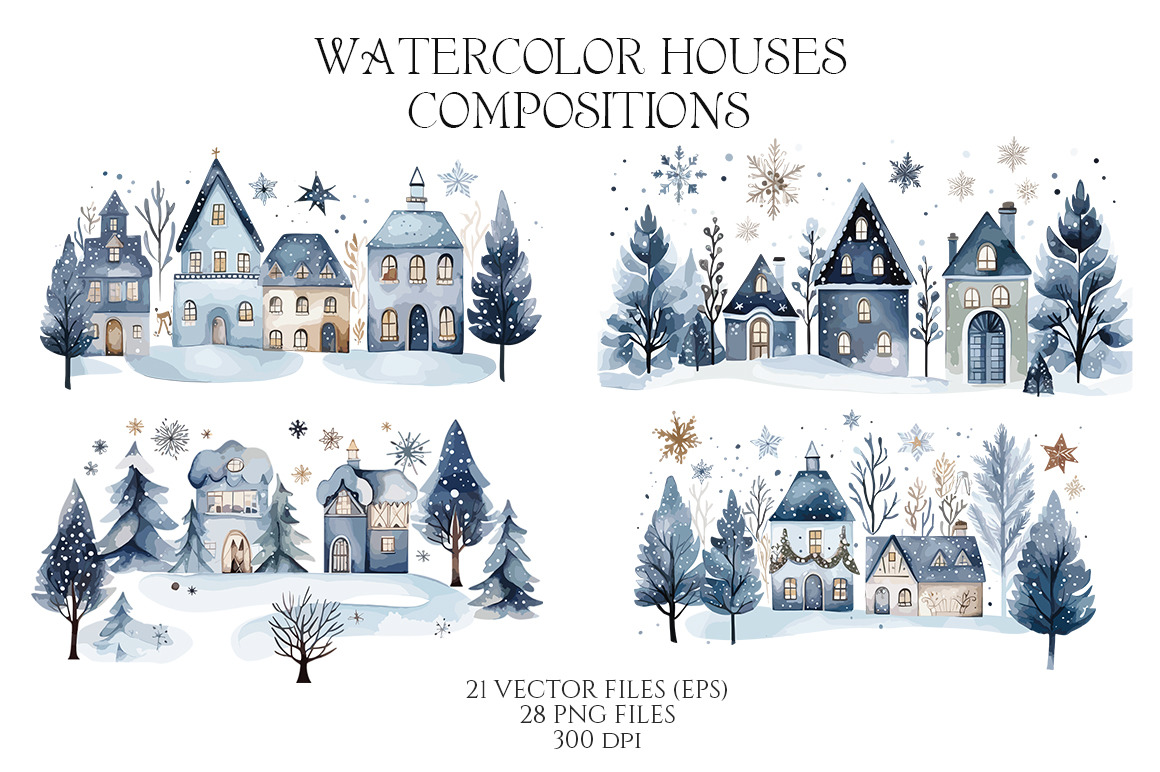 Watercolor Winter Blue houses