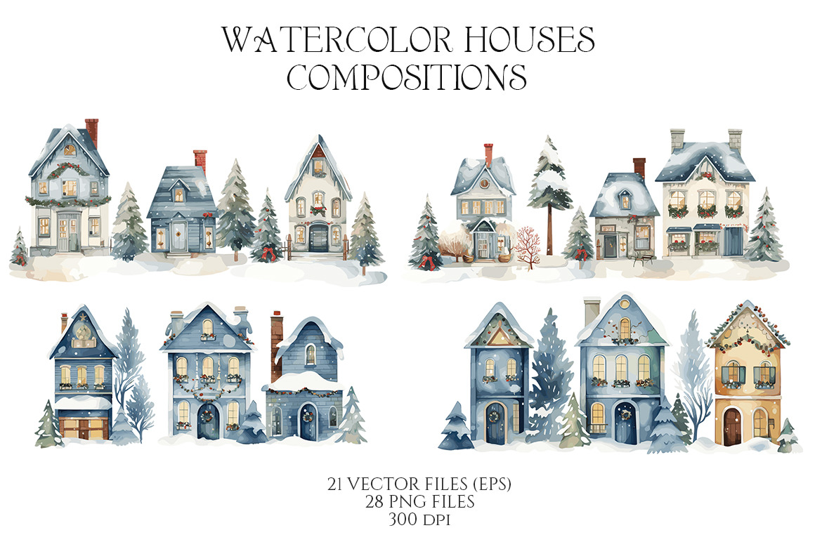 Watercolor Winter Blue houses