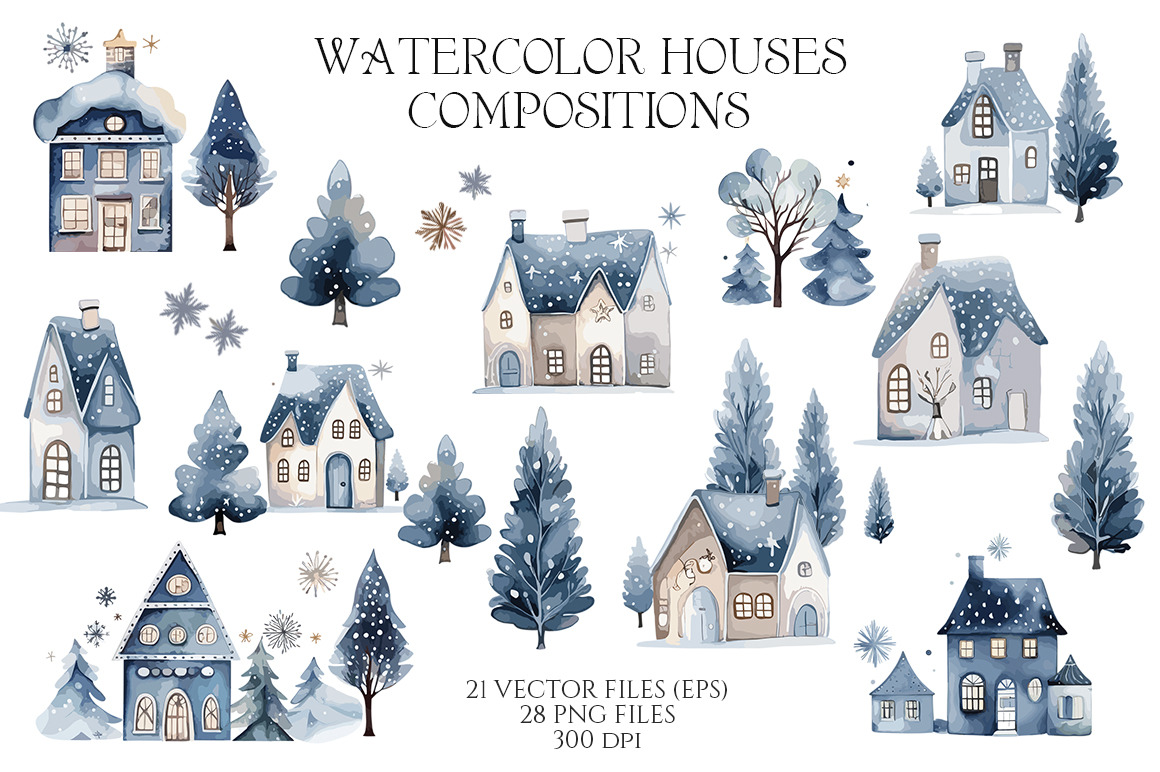 Watercolor Winter Blue houses