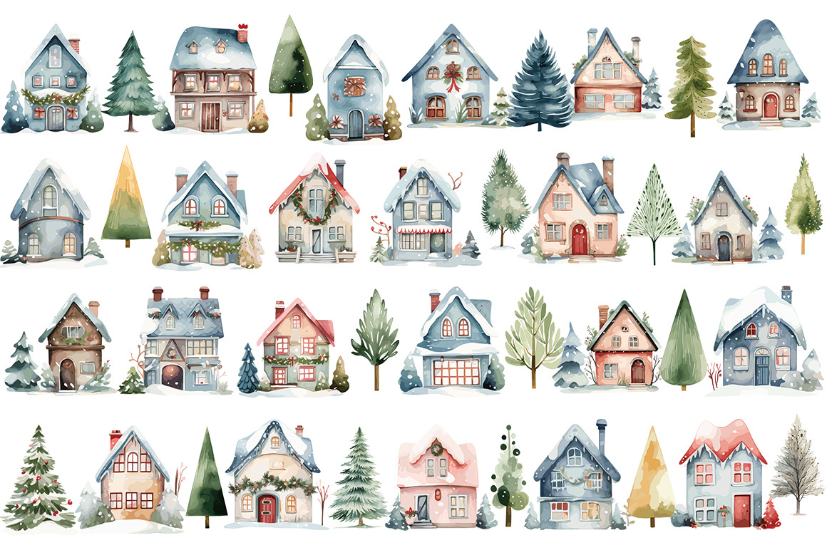 Watercolor Christmas Houses