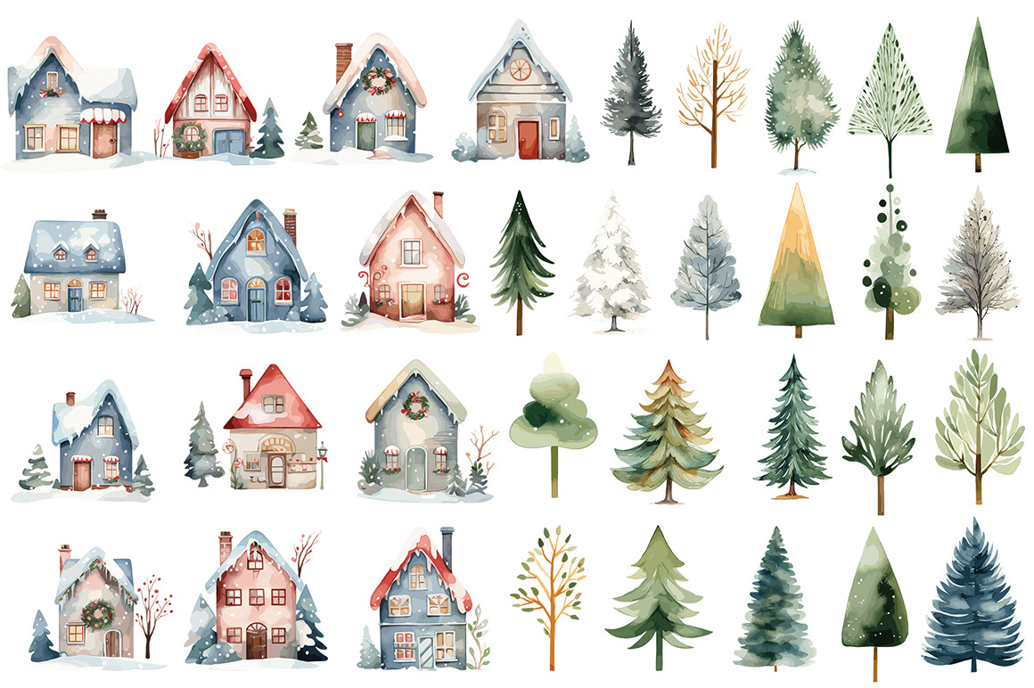 Watercolor Christmas Houses