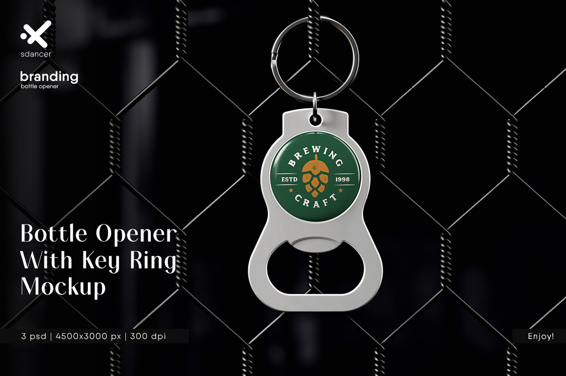 Branded Metal Bottle Opener With Key Ring Mockup