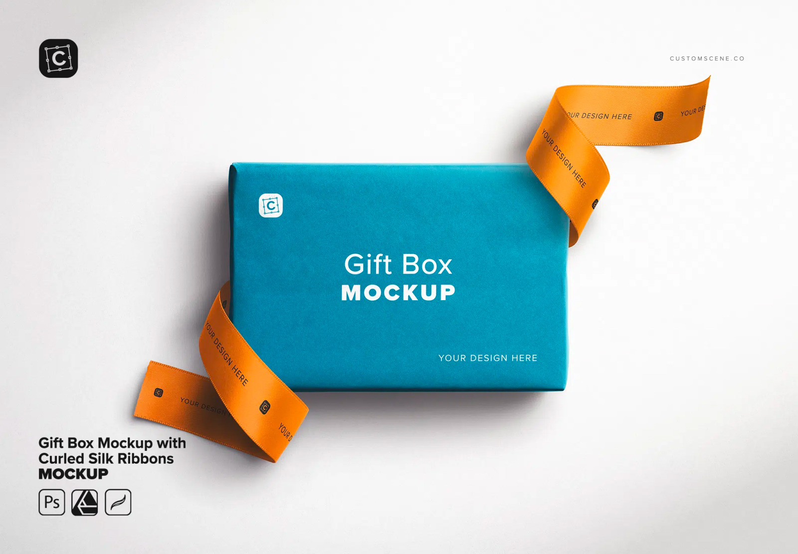 Gift Box Mockup with Curled Silk Ribbons Gift Box Mockup with Curled Silk Ribbons