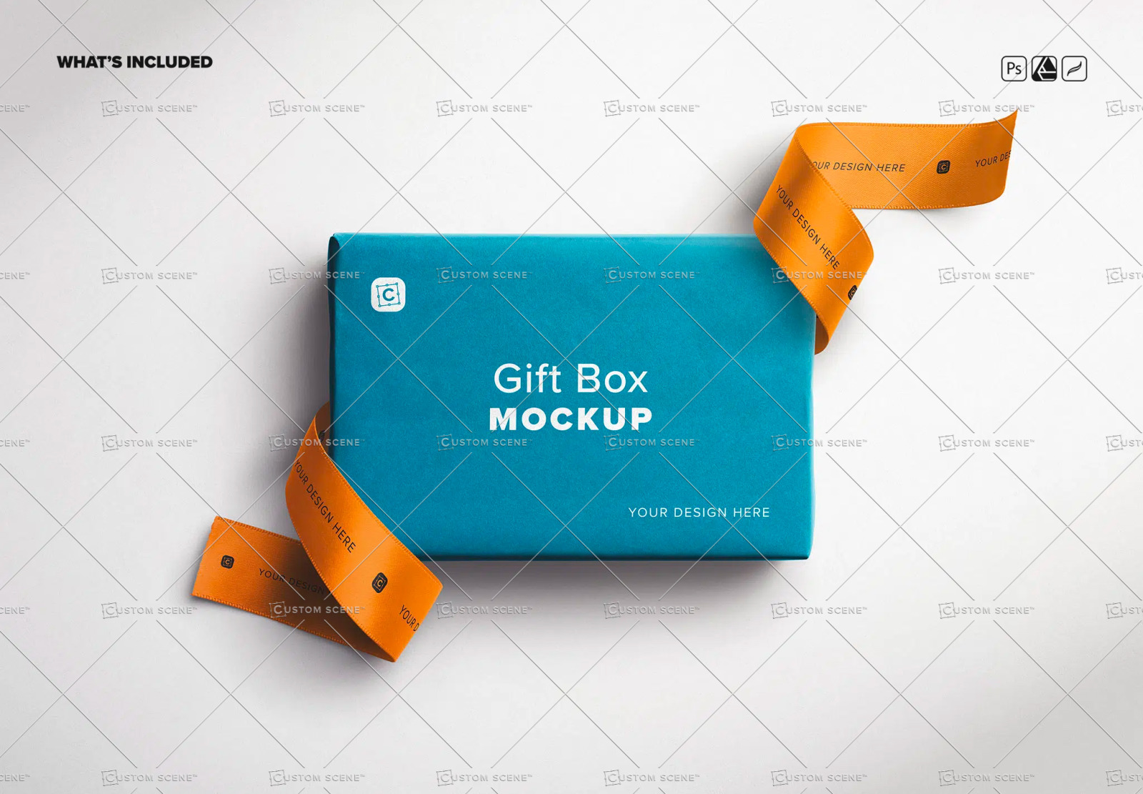Gift Box Mockup with Curled Silk Ribbons Gift Box Mockup with Curled Silk Ribbons
