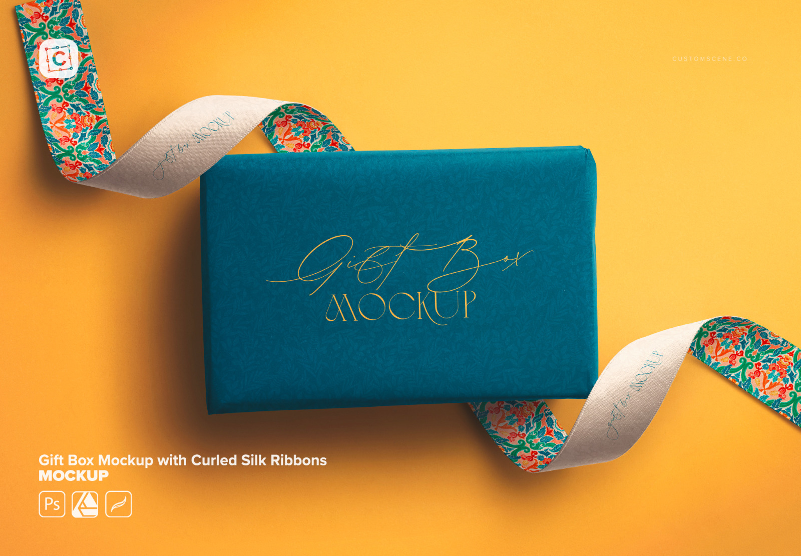 Gift Box Mockup with Curled Silk Ribbons