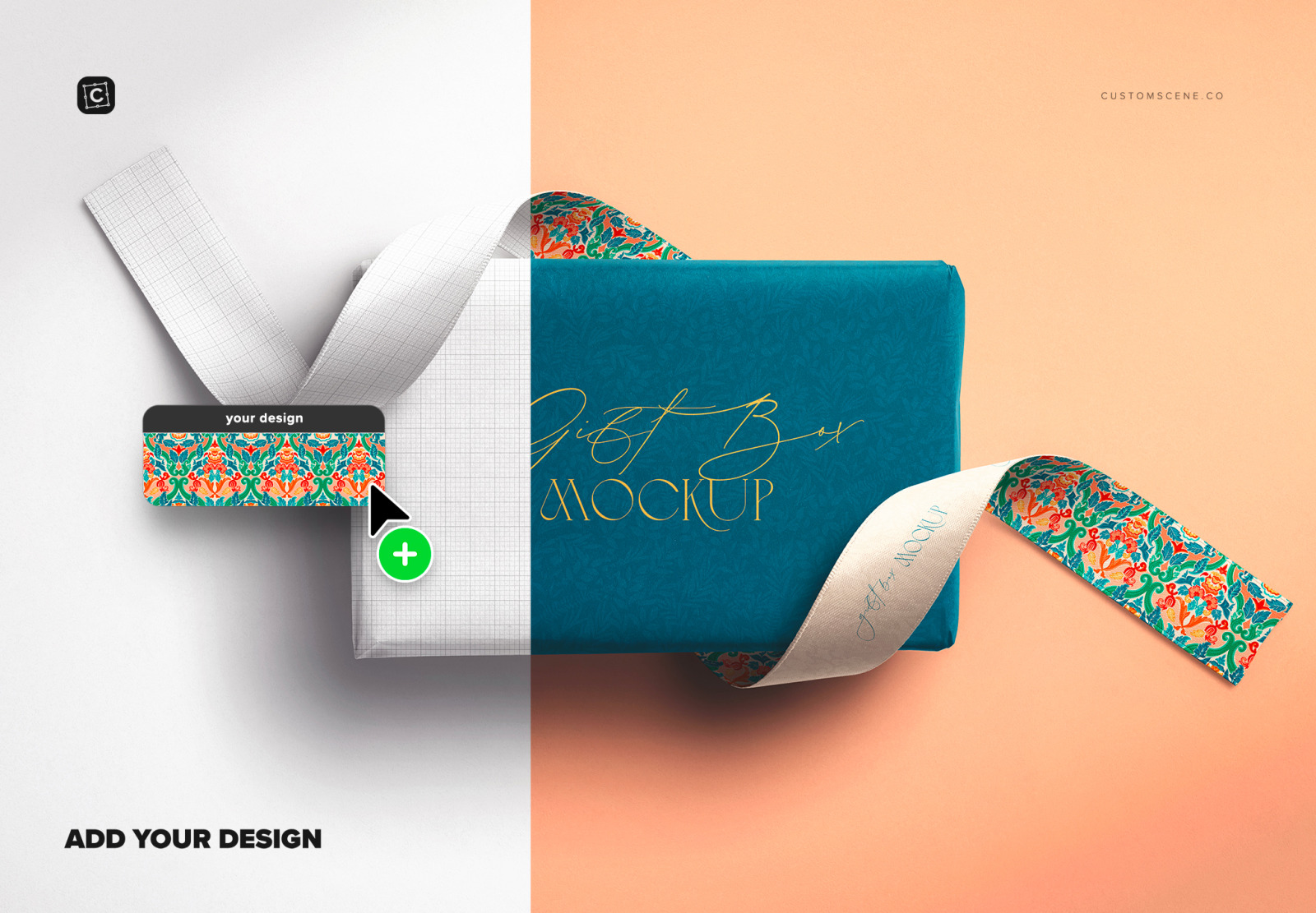 Gift Box Mockup with Curled Silk Ribbons