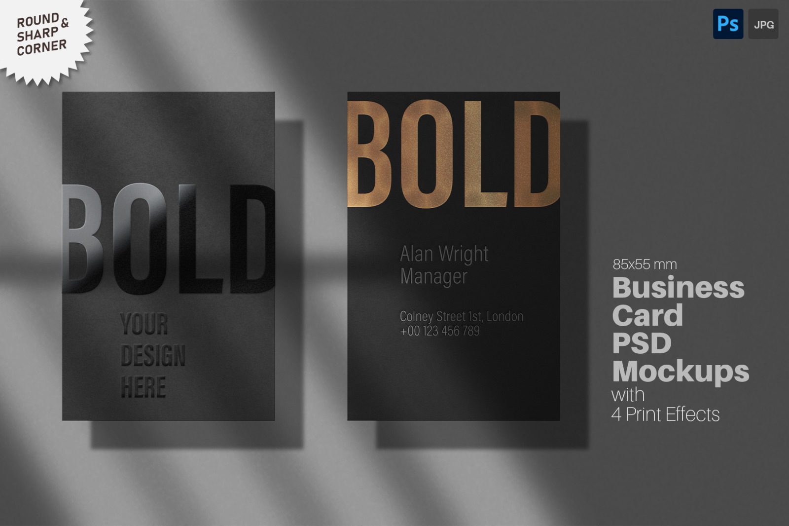 Business Card 85x55 mm Mockup Set with 4 Print Effects Business Card 85x55 mm Mockup Set with 4 Print Effects