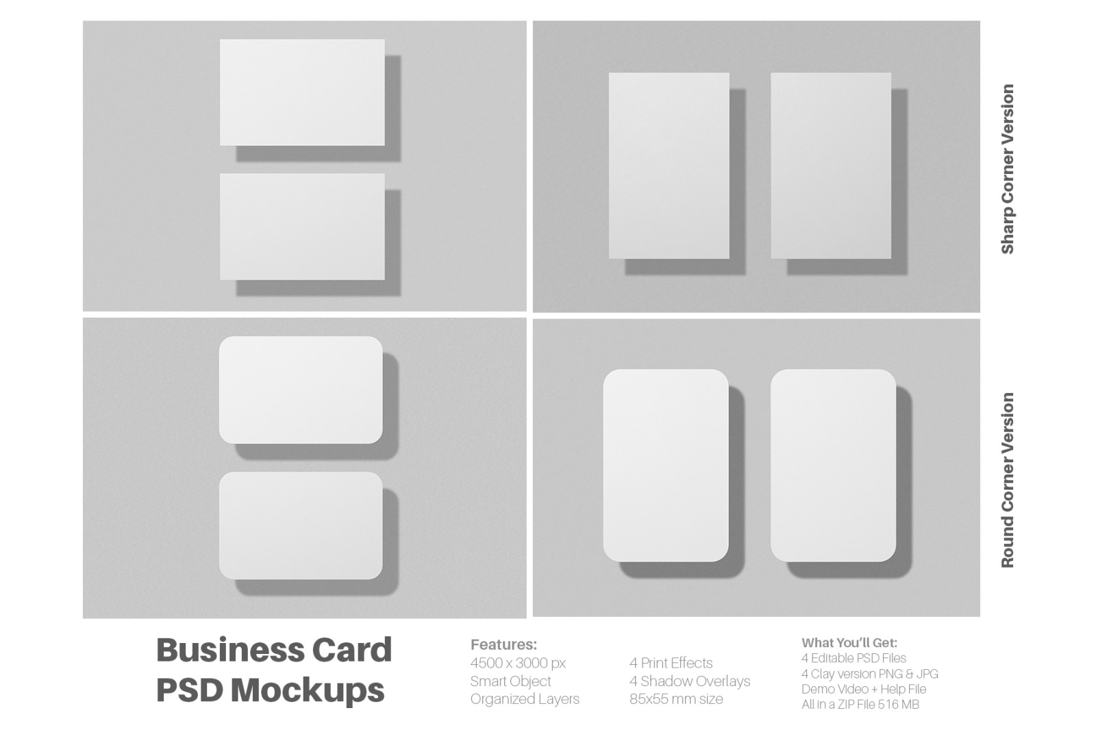 Business Card 85x55 mm Mockup Set with 4 Print Effects Business Card 85x55 mm Mockup Set with 4 Print Effects