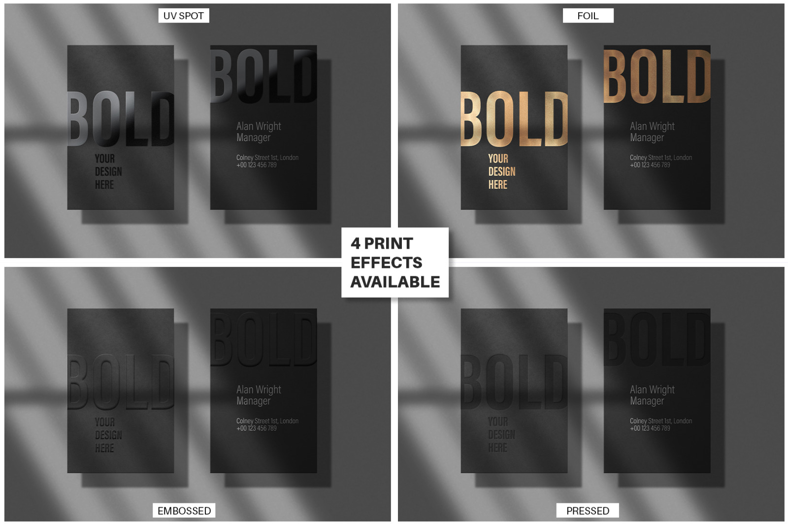 Business Card 85x55 mm Mockup Set with 4 Print Effects Business Card 85x55 mm Mockup Set with 4 Print Effects