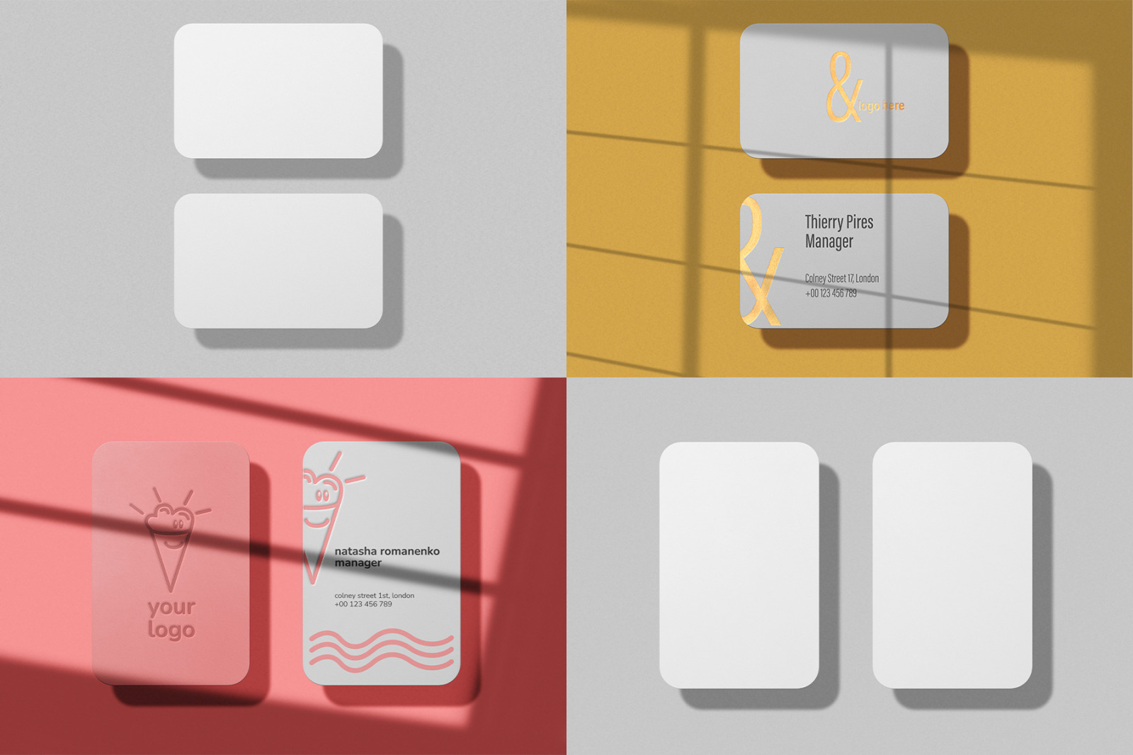 Business Card 85x55 mm Mockup Set with 4 Print Effects Business Card 85x55 mm Mockup Set with 4 Print Effects