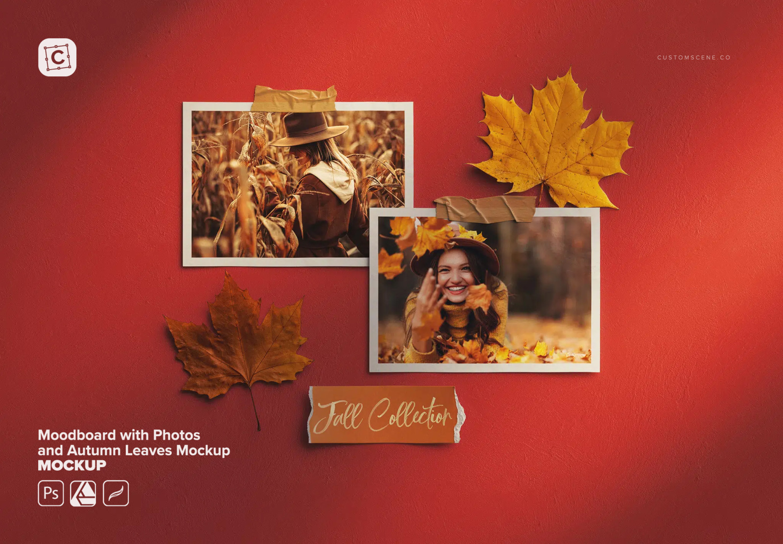 Moodboard with Photos and Autumn Leaves Mockup Moodboard with Photos and Autumn Leaves Mockup