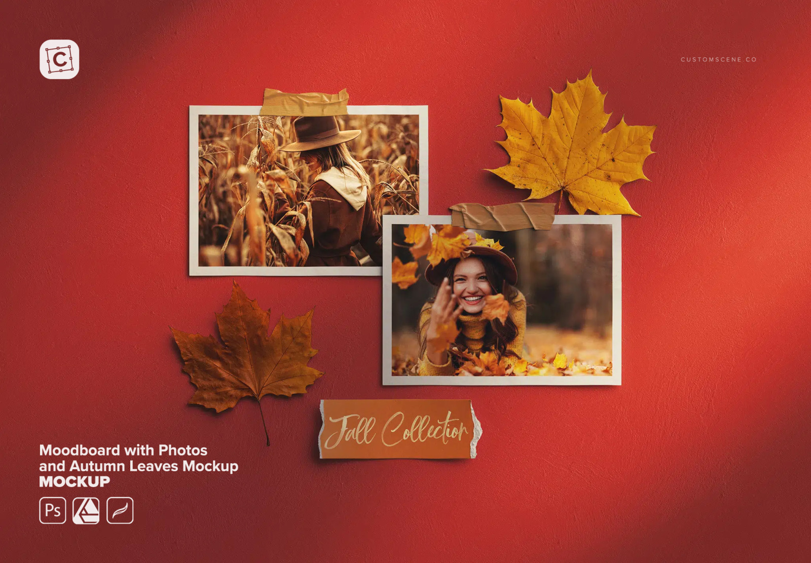 Moodboard with Photos and Autumn Leaves Mockup