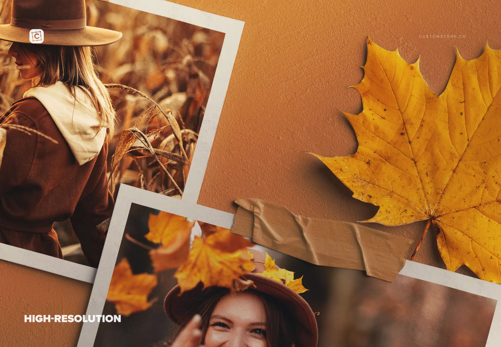 Moodboard with Photos and Autumn Leaves Mockup