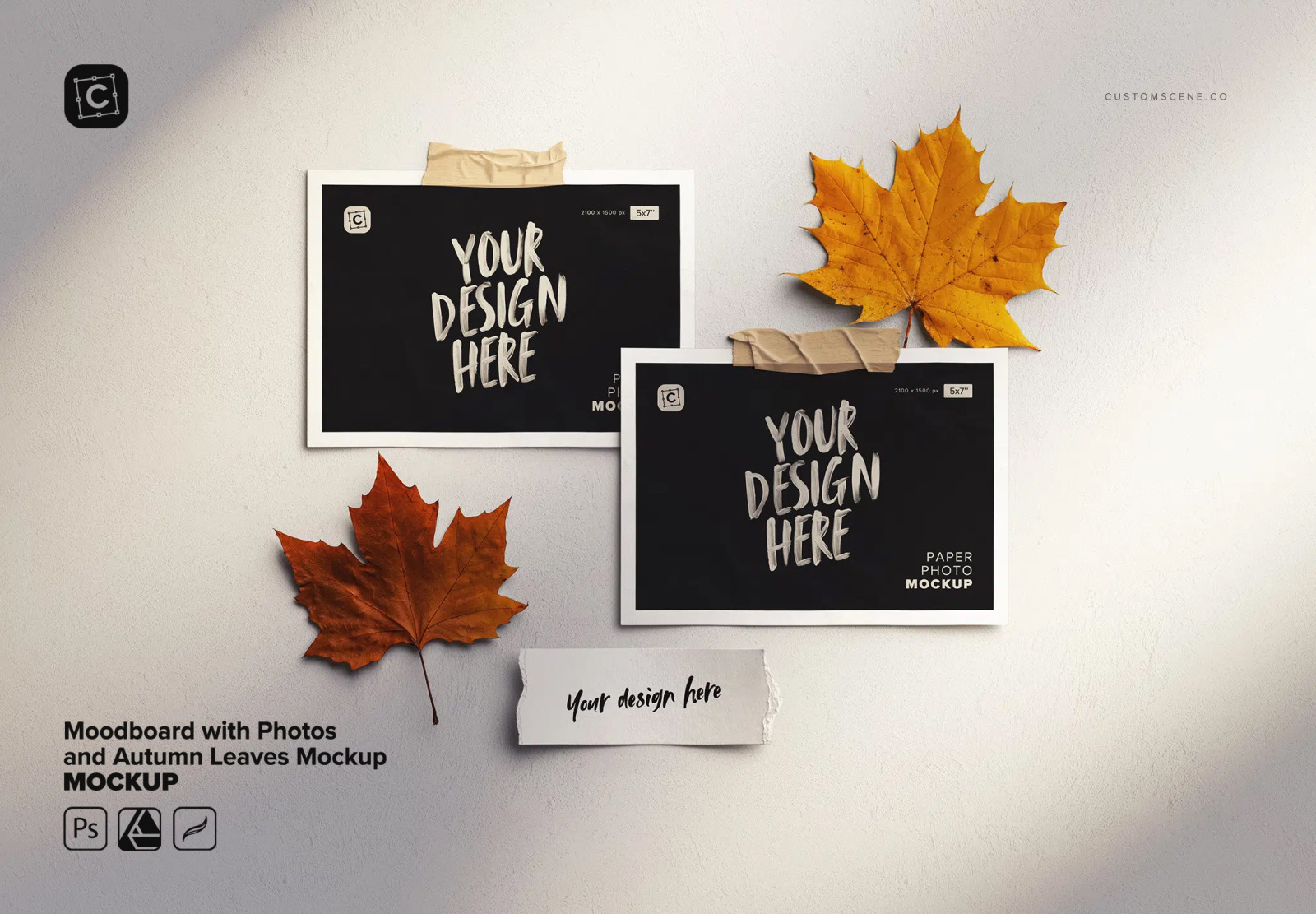 Moodboard with Photos and Autumn Leaves Mockup Moodboard with Photos and Autumn Leaves Mockup