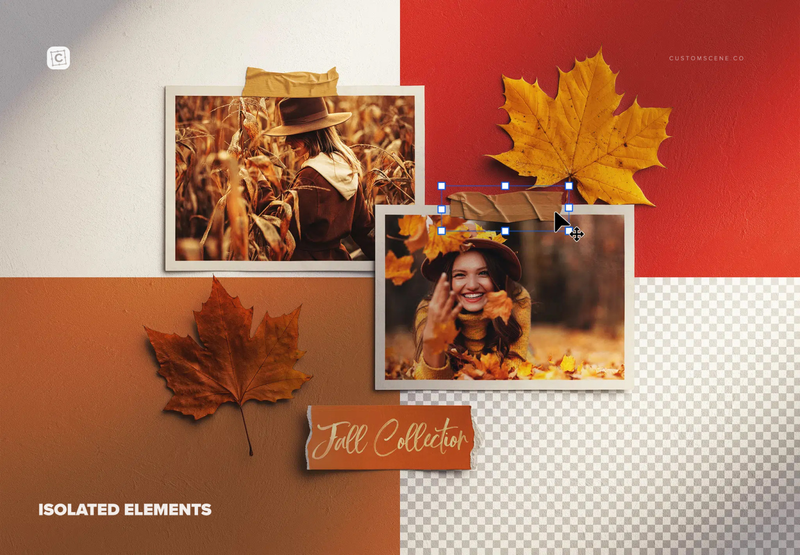 Moodboard with Photos and Autumn Leaves Mockup