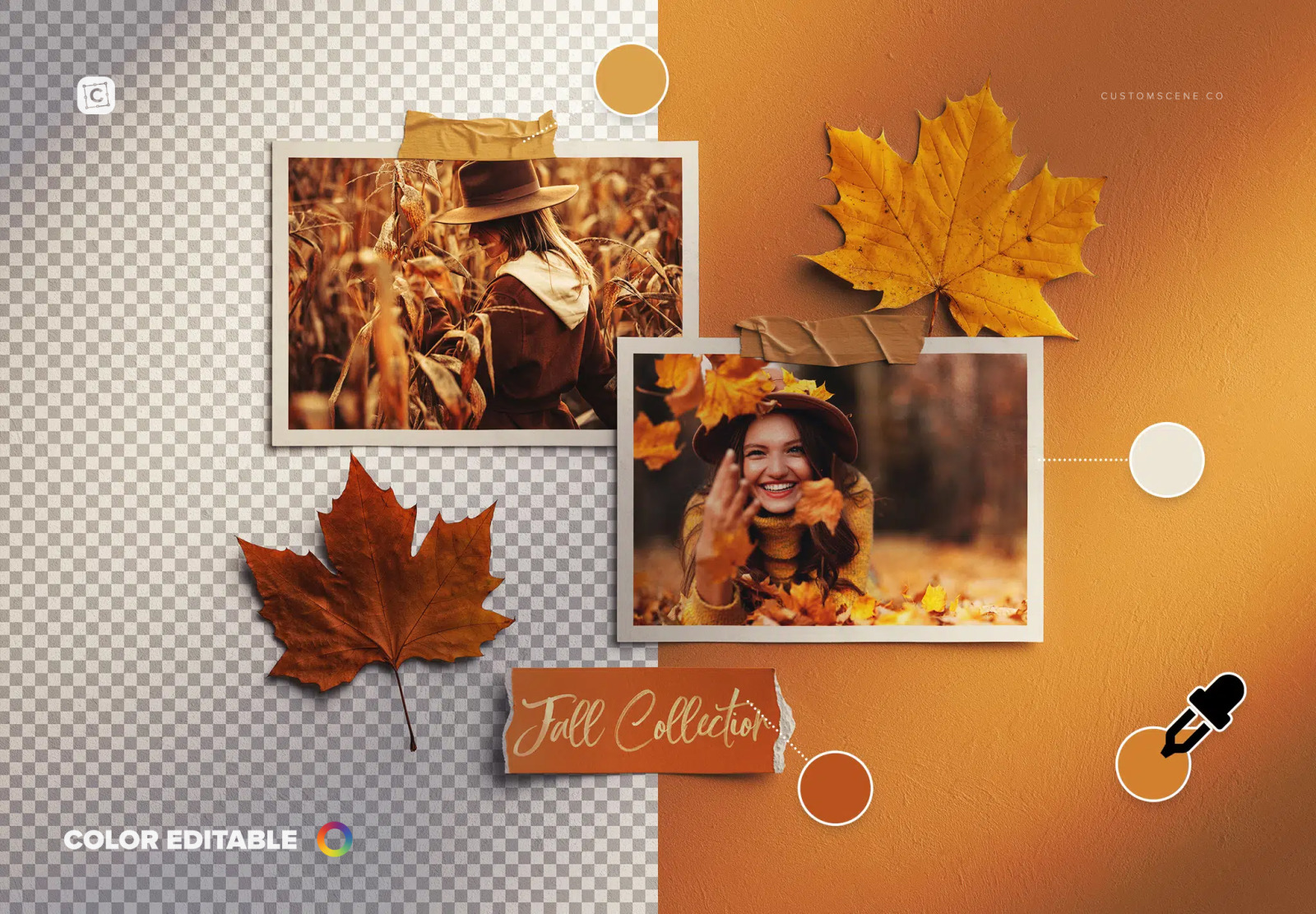 Moodboard with Photos and Autumn Leaves Mockup