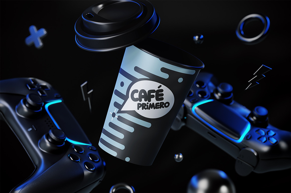 Paper Coffee Cup with Gamepads Mockup Paper Coffee Cup with Gamepads Mockup