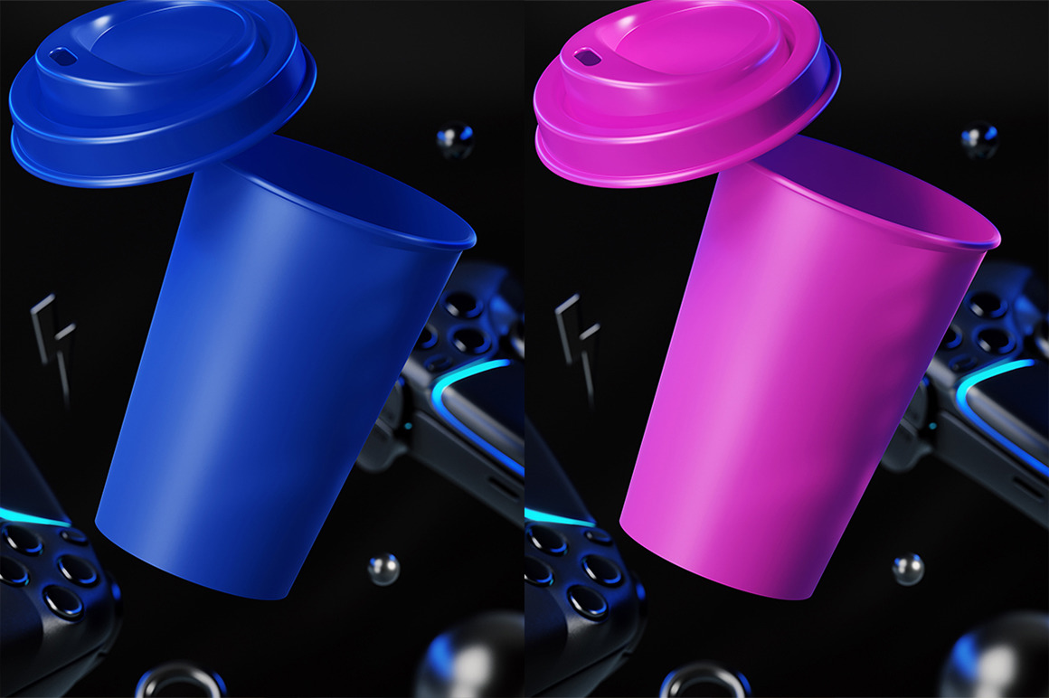 Paper Coffee Cup with Gamepads Mockup Paper Coffee Cup with Gamepads Mockup