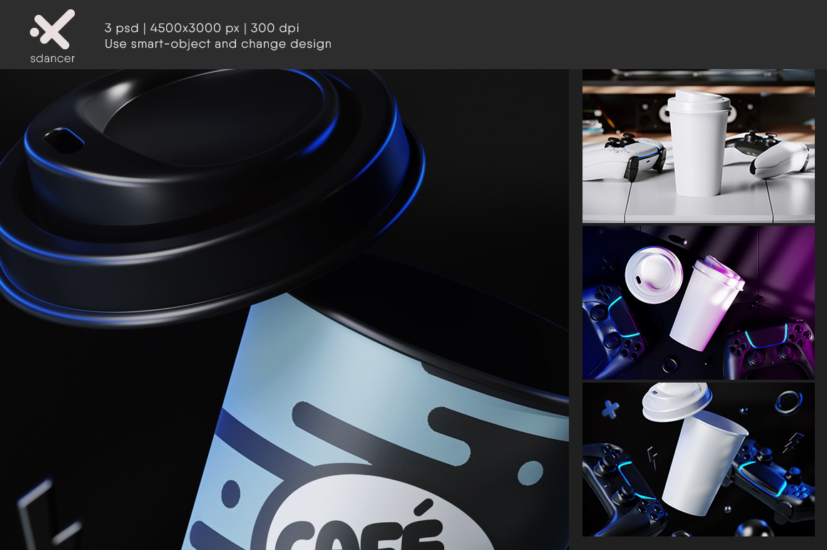 Paper Coffee Cup with Gamepads Mockup Paper Coffee Cup with Gamepads Mockup