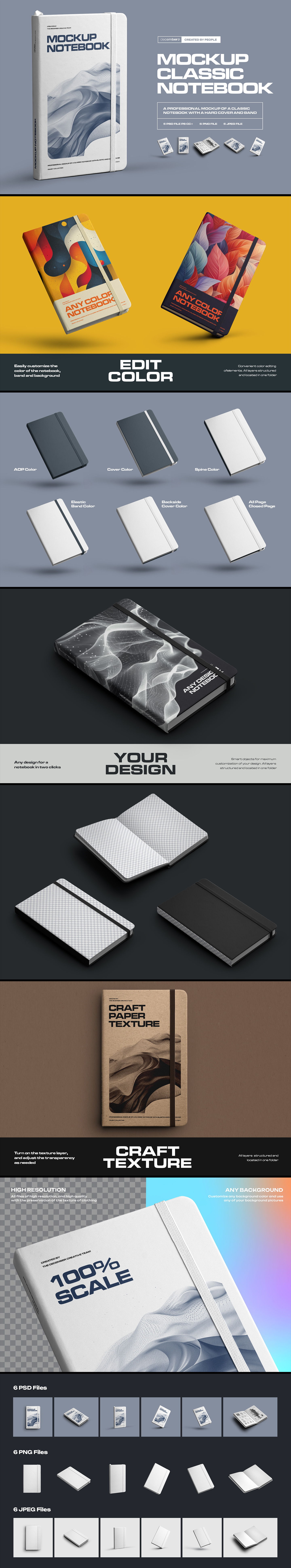 6 Mockups of Classic Notebook with Band and Hard Cover