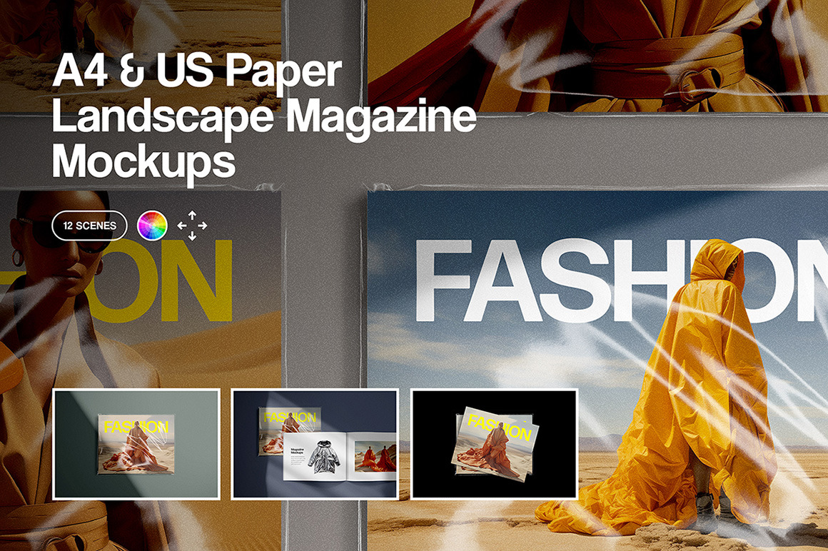 A4 & US Paper Landscape Magazine Mockups A4 & US Paper Landscape Magazine Mockups