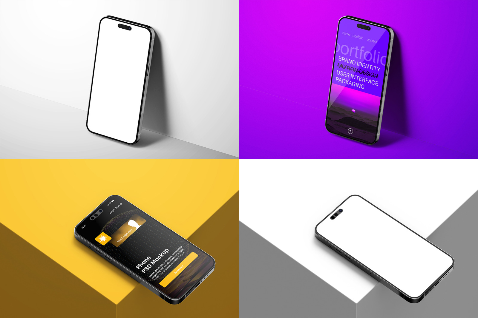 iPhone 14 Screen PSD Mockup Set in Modern Minimal Scene iPhone 14 Screen PSD Mockup Set in Modern Minimal Scene