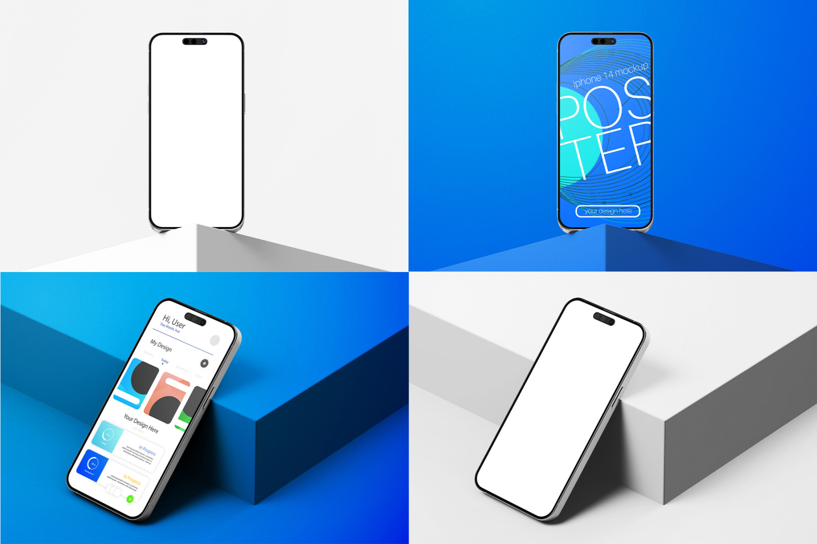 iPhone 14 Screen PSD Mockup Set in Modern Minimal Scene iPhone 14 Screen PSD Mockup Set in Modern Minimal Scene