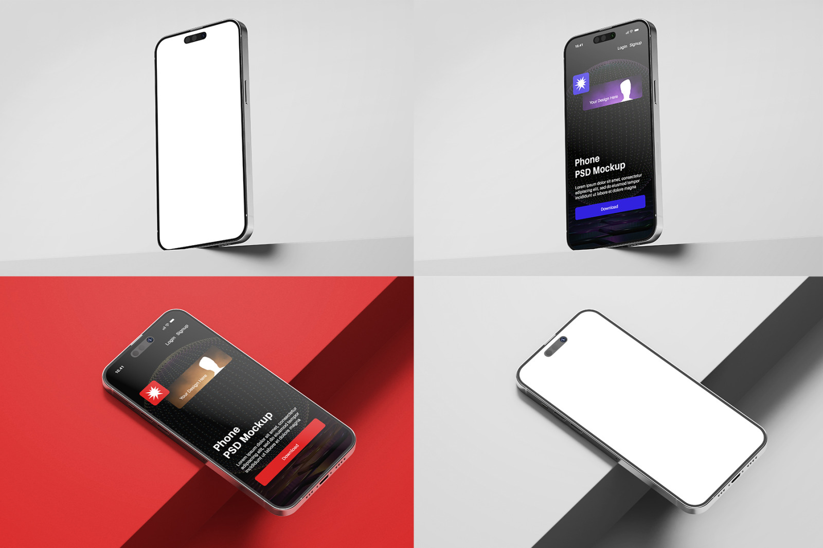 iPhone 14 Screen PSD Mockup Set in Modern Minimal Scene iPhone 14 Screen PSD Mockup Set in Modern Minimal Scene