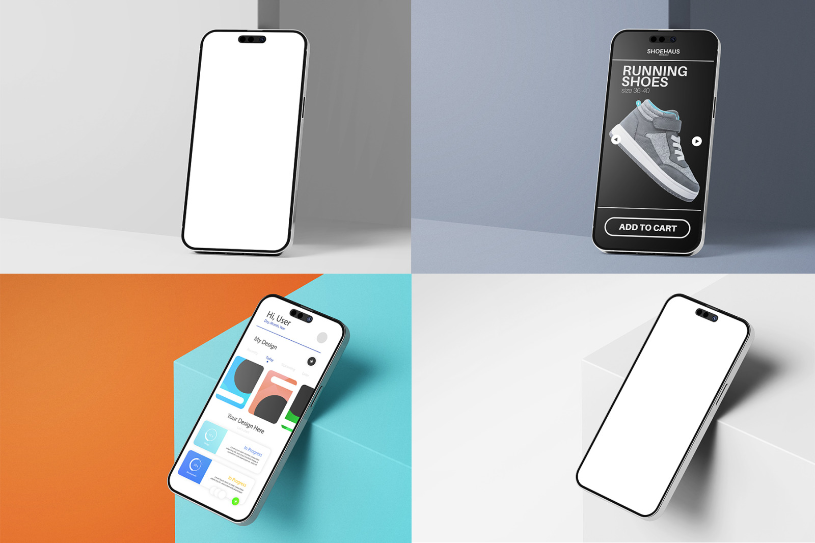 iPhone 14 Screen PSD Mockup Set in Modern Minimal Scene iPhone 14 Screen PSD Mockup Set in Modern Minimal Scene
