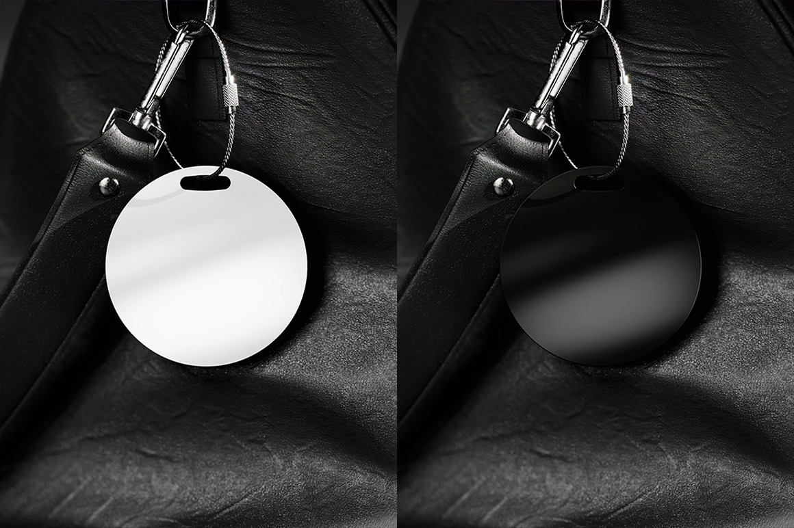 Round Luggage Tag Hanging on a Leather Bag Mockup Round Luggage Tag Hanging on a Leather Bag Mockup