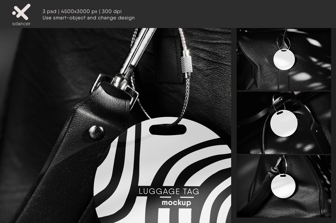 Round Luggage Tag Hanging on a Leather Bag Mockup Round Luggage Tag Hanging on a Leather Bag Mockup