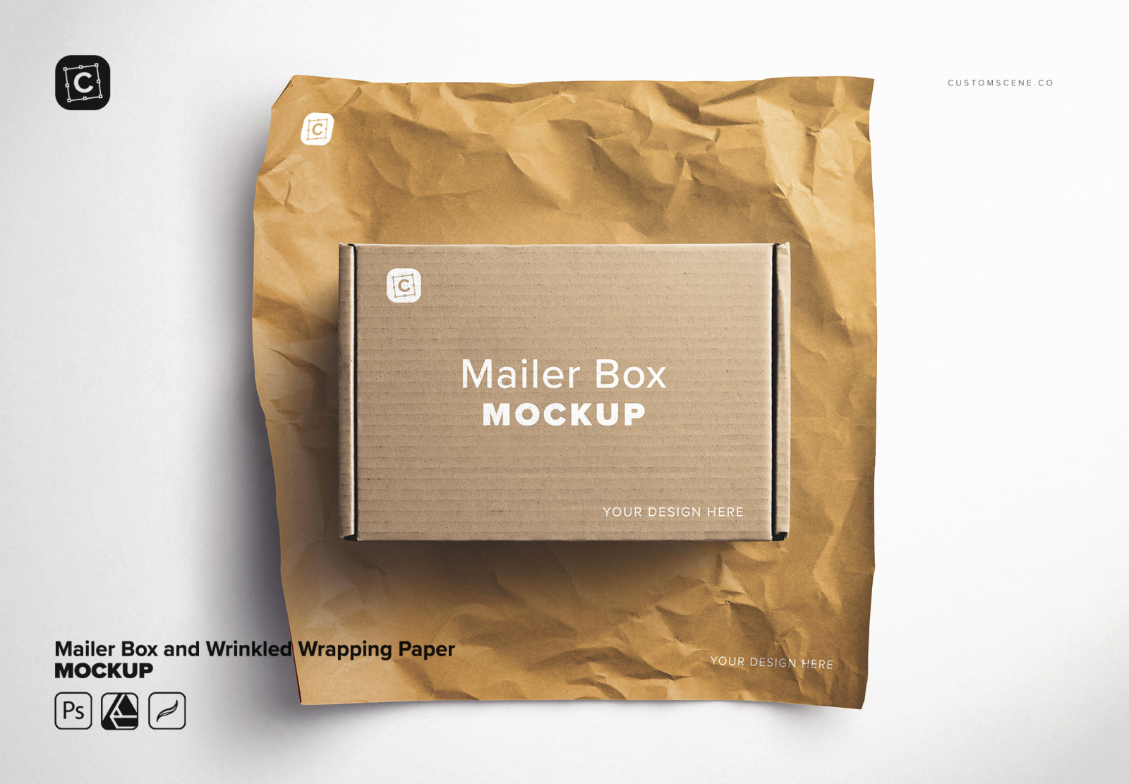 Mailer Box and Wrinkled Wrapping Paper Mockup Mailer Box and Wrinkled Wrapping Paper Mockup