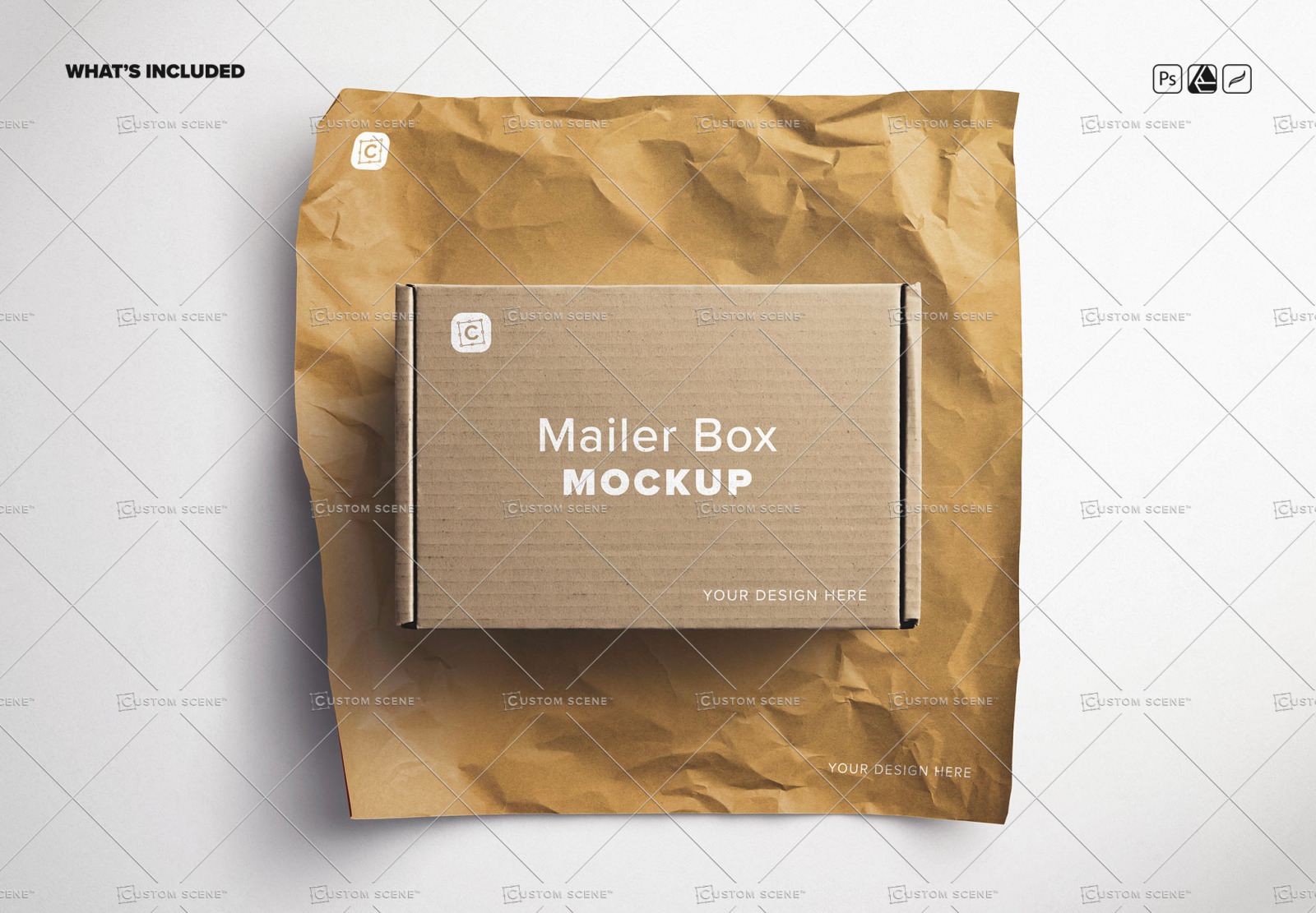Mailer Box and Wrinkled Wrapping Paper Mockup Mailer Box and Wrinkled Wrapping Paper Mockup