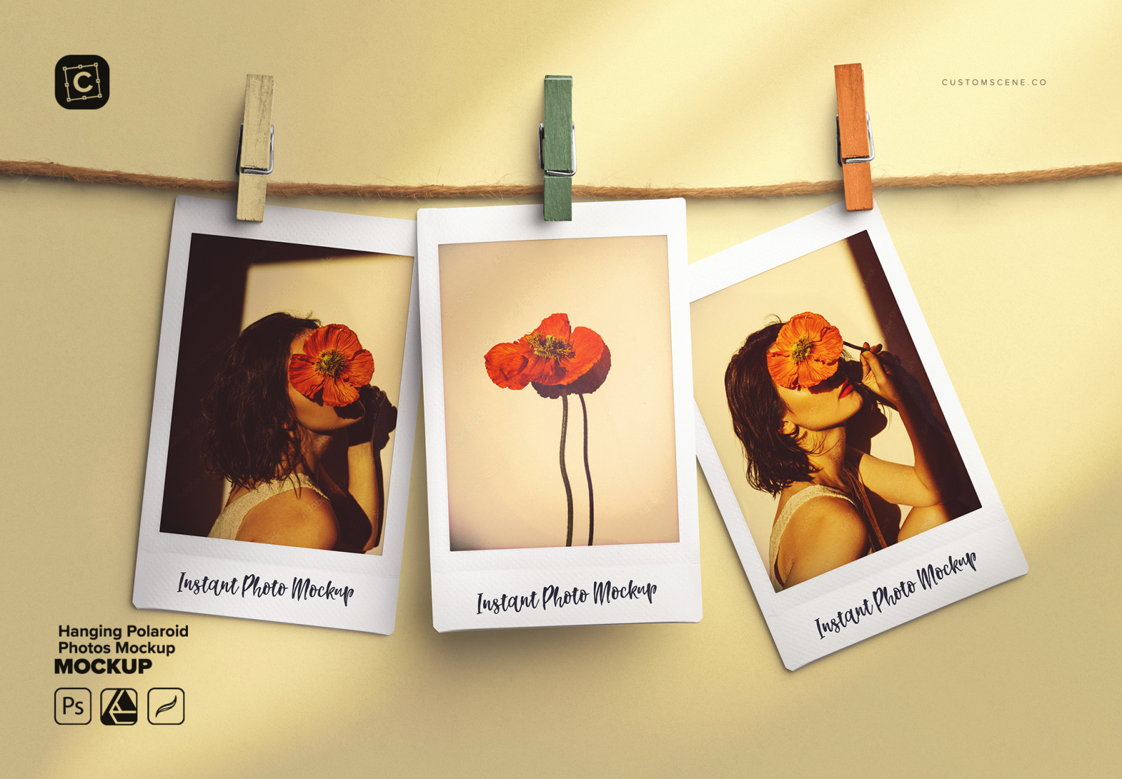 Hanging Polaroid Photos Mockup Hanging Polaroid Photos Mockup